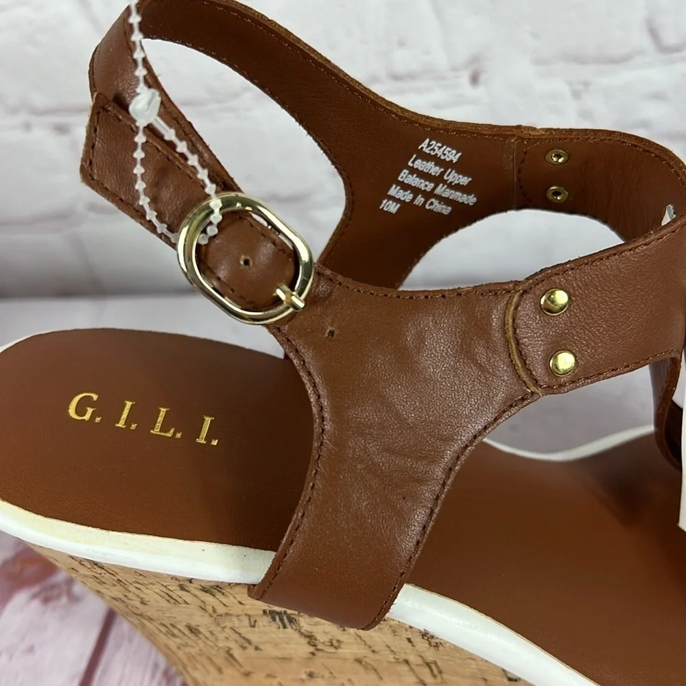 G.I.L.I. Kate Cognac Brown Leather Tassel Wedge Cork Platform Sandal Size 10